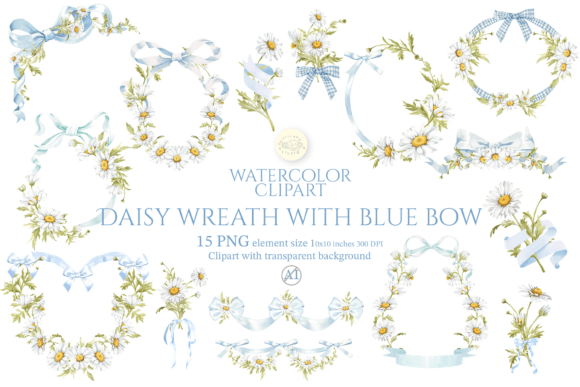 Download Daisy Wreath with Blue Bow Clipart Set - Clip Collection