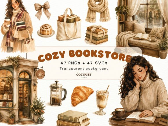 Download Cozy Bookstore Cliparts, Watercolor PNG - Clip Collection