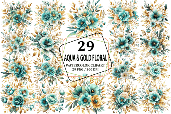 Download Aqua &amp; Gold Floral Bouquet Clipart PNG - Clip Collection