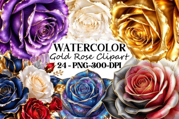 Download Watercolor Gold Rose Clipart PNG Bundle - Clip Collection