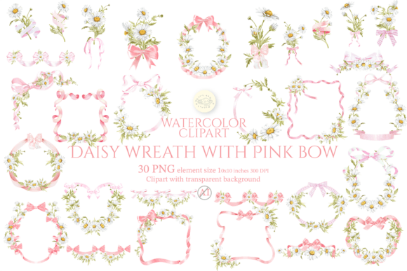 Download Daisy Wreath with Pink Bow Clipart Set - Clip Collection
