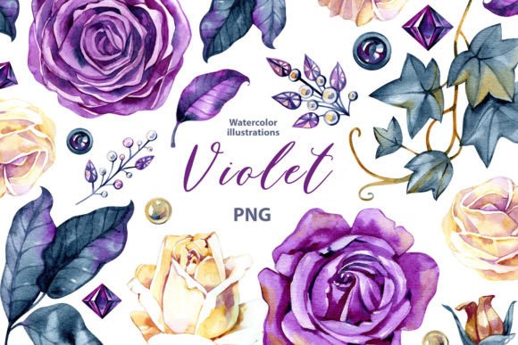 Download Watercolor Violet Roses and Gems Clipart - Clip Collection