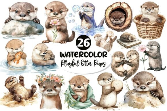 Download Watercolor Playful Otter Pups Clipart - Clip Collection
