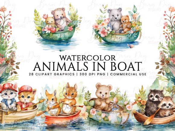 Download Watercolor Animals in Boat Clipart - Clip Collection