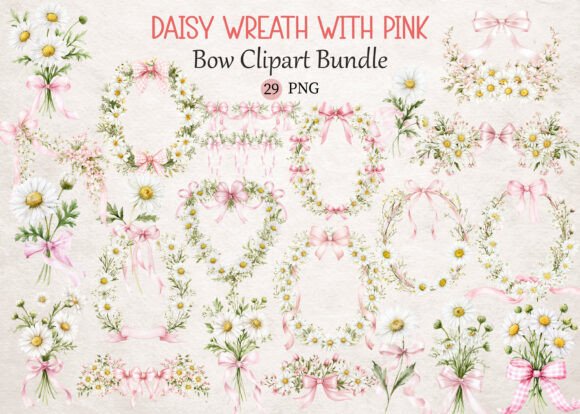Download Daisy Wreath with Pink Bow Clipart - Clip Collection