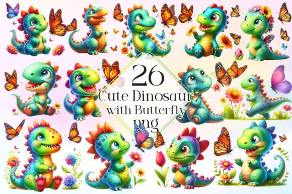 Download Cute Dinosaur with Butterfly Clipart Png - Clip Collection