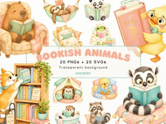 Download Bookish Cute Animals Watercolor Cliparts - Clip Collection
